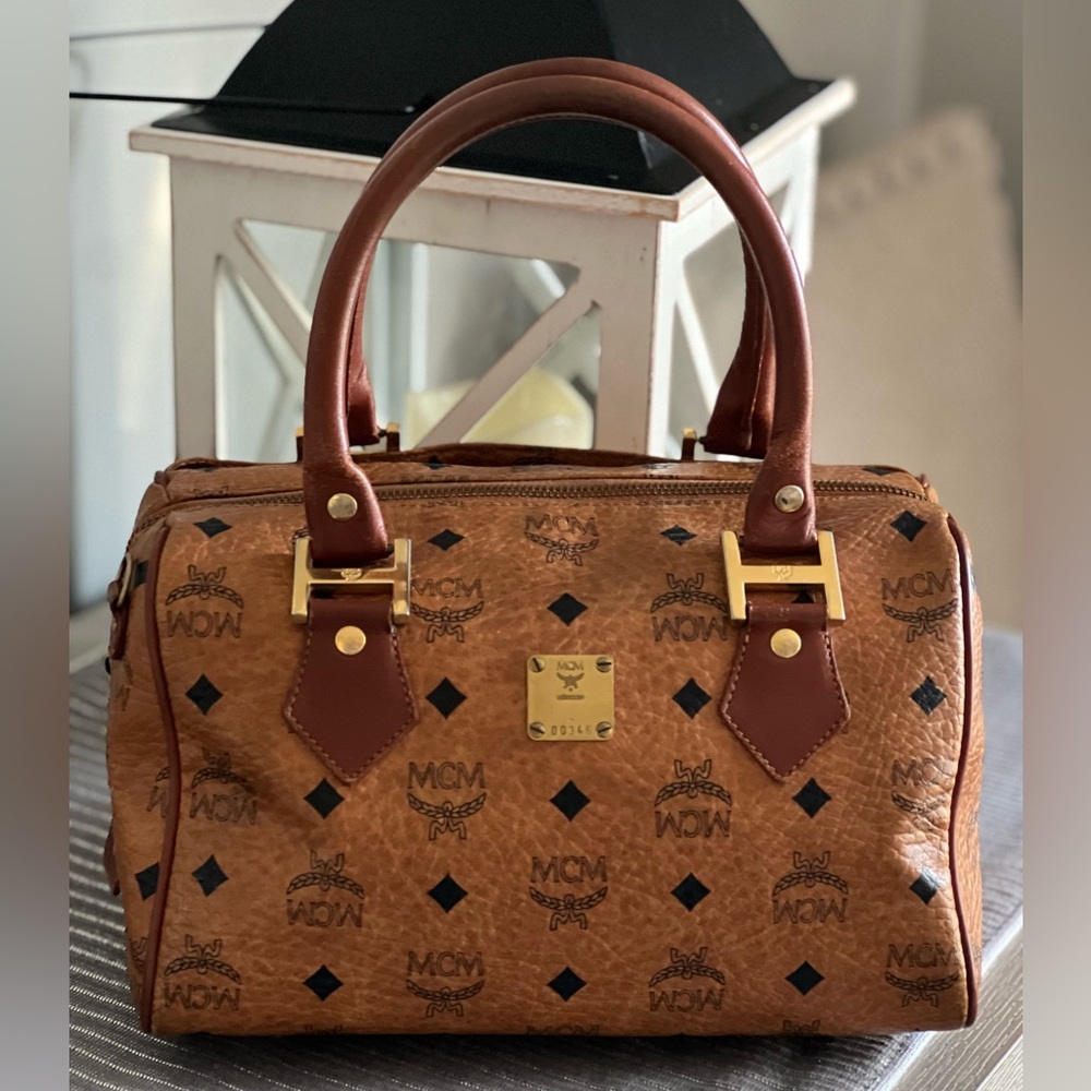 MCM Leather-Trimmed Visetos Boston Tote Bag Authentic EUC  + unbranded dust bag